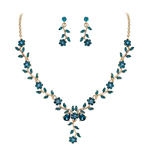 Women's Wedding Jewelry Set for Bride,Prom Bridal Accessories | Bling Crystal,Flower Leaf Cluster,Dangle Earrings Pendant Necklace Set,for Bridesmaid,Party Jewellery - color: 08-Blue Topaz Gold-Plated-Base