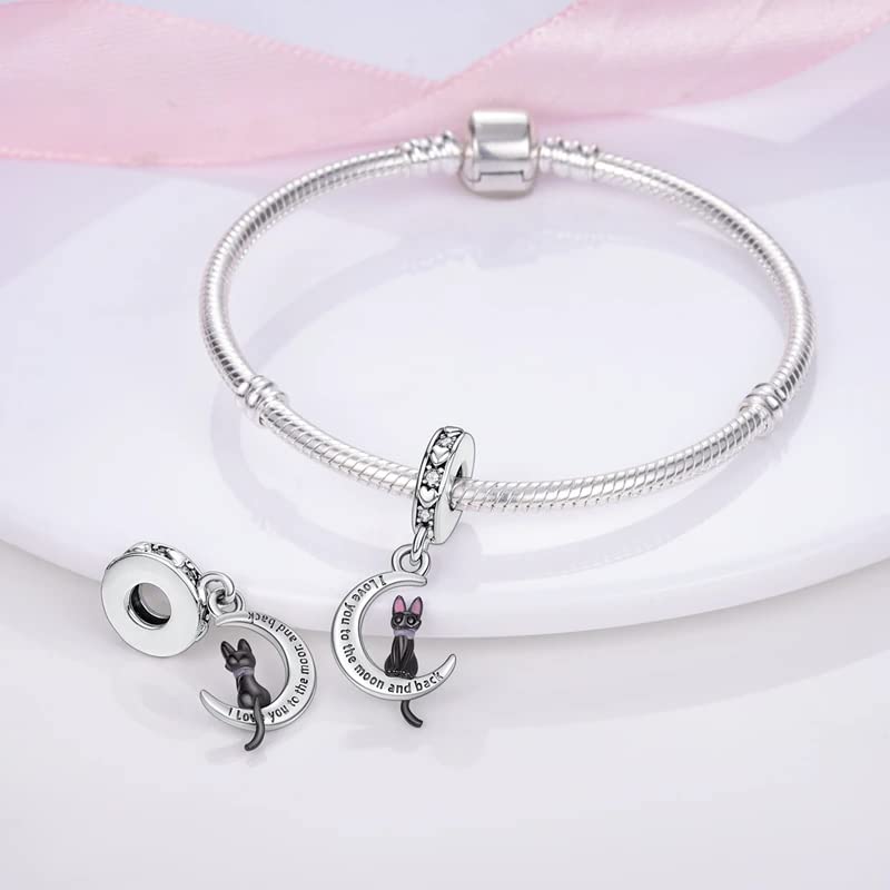 Vegas Safety Chain Sun Birthday Mom Camera Dog God Psalm Bead Pendant 925 Sterling Silver Dangle Compatible With Pandora Moments Charm Bracelet - style: Love You To The Moon And Back Black Cat Moon