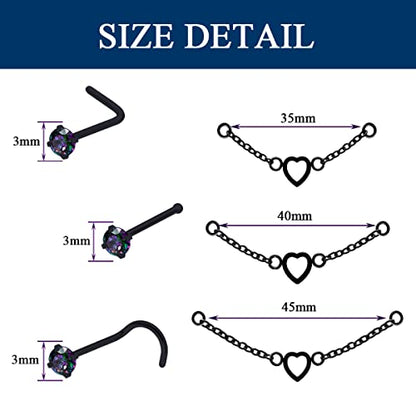 Nose Ring Chain Across Nose Black Stainless Steel Nostril Nose Piercing Chain with Cubic Zirconia Nose Screw Bone L-Shaped Ring for Women Body Piercing Nostril Jewelry with Bridge Chain - color: Black-Single Heart Nose Chain Studs