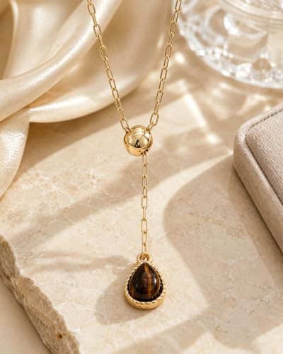 Lariat Gold Necklace for Women Dainty Long Necklaces 14k Gold Plated Tiger Eye Teardrop Pendant Y-Shaped Drop Necklaces for Women Trendy Gold Jewelry for Prom Vacation Gifts