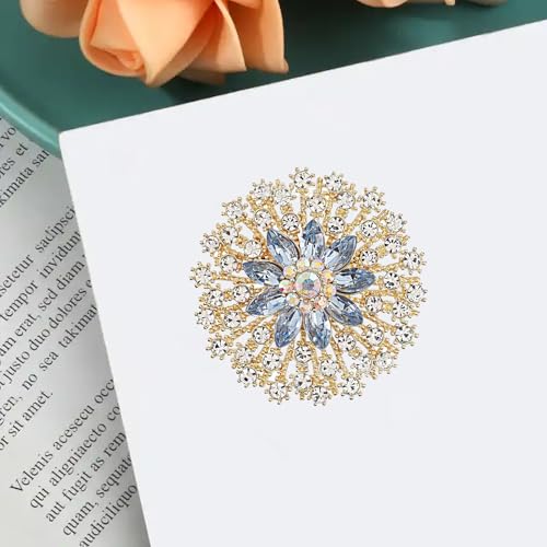 QCWN Large Flower Brooches and Pins for Women Vintage Rhinestone Sunflower Brooch Costume Jewelry Lapel Hat Pins for Wedding Dresses Bouquet Gifts - style: 1Pcs Light Blue Snowflake