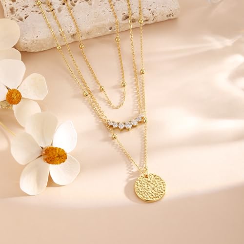Layered Necklaces for Women 14K Gold Plated Stack Circle Pendant Trendy Long Chain Stackable Handmade Coin Necklace Set Dainty Gold Stacked Jewelry Gifts - color: Gold-1