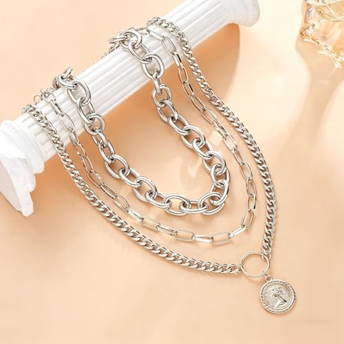 Gold Chunky Layered Coin Necklaces for Women Trendy Cuban Link Paperclip Chains Necklace Stack Coin Pendant Necklace Set Jewelry Gifts - color: Silver