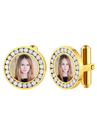 FindChic Stainless Steel Round Cufflinks with Custom Text/Picture/Monogram Letters 18K Gold Plated/Black Color for Men Groom Suits Shirts, with Gift Box - style: 02. CZ custom photo-round (gold plated)