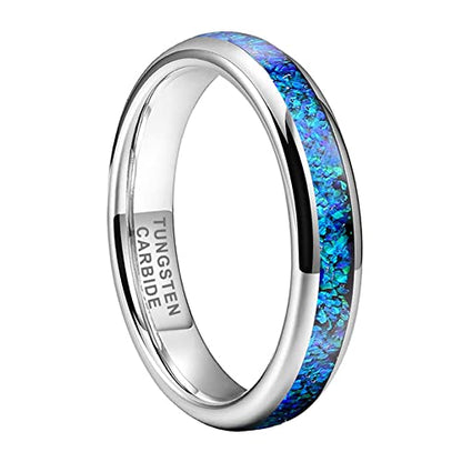 TUTISS 4mm Silver/Black Tungsten Rings for Women Men Engagement Wedding Bands Genuine Blue Green Galaxy Opal Inlay Domed Polished Comfort Fit - color: 4mm Tungsten Blue Opal