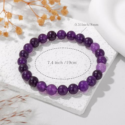 Crystal Beaded Bracelets for Women 4mm Clear Quartz Bead Handmade Gemstone Stretch Elastic Bracelet Natural Stone Crystal Healing Reiki Spiritual Jewelry Gifts - color: Amethyst, size: 8mm