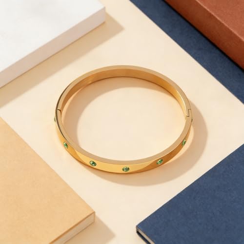 Gold Plated Stainless Steel Bangle Bracelet for Women Green Crystals Cuff | Minimalist Stacking Wristband Gift for Everyday and Formal Dress Wear