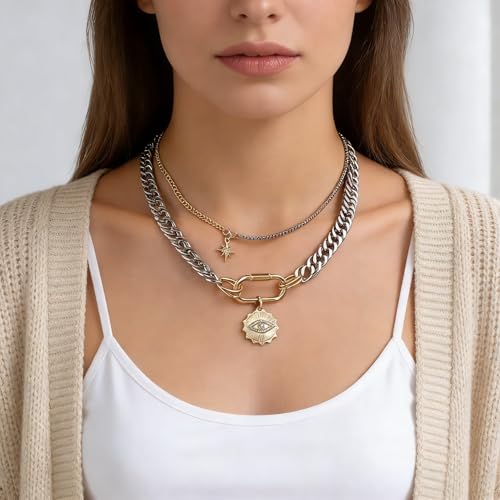 Layered Necklace Set for Women, Mixed Metal Evil Eye Charm Jewelry, Trendy | Mixed Metal Layered Necklace with Evil Eye, Star and Spike Charms for Women Who Love Trendy Boho & Edgy Jewelry - style: 2PCS