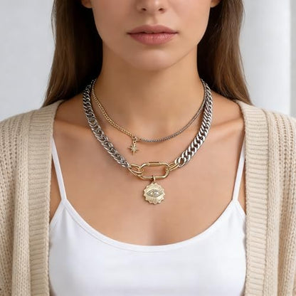 Layered Necklace Set for Women, Mixed Metal Evil Eye Charm Jewelry, Trendy | Mixed Metal Layered Necklace with Evil Eye, Star and Spike Charms for Women Who Love Trendy Boho & Edgy Jewelry - style: 2PCS