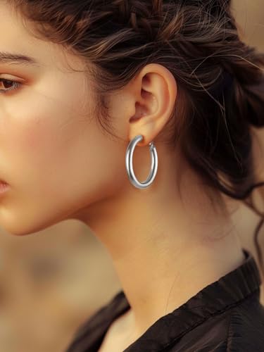 FindChic Hoop Earrings for Women, Silver/Black/14K Gold Plated Hypoallergenic Hollow Round Tube Loop Earrings, 20mm/30mm/40mm/60mm/80mm Chunky Hoops with Custom Name Options & Gift Box - color: b.Silver, size: 40MM