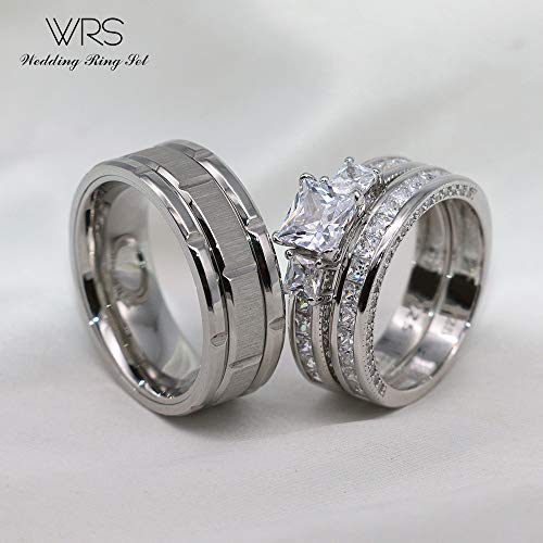 His Hers Wedding Ring Sets Couples Matching Rings Women's 10k White Gold Filled Square CZ Wedding Engagement Ring Bridal Sets & Men's Tungsten Carbide Wedding Band - style: women's size #6 & men's size #9