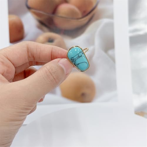 OIDIMS Gemstone Statement Ring for Women Gold-Tone Stainless Steel Natural Stone Rose Quartz Aventurine Turquoise Adjustable Open Band Stacking Finger Rings Boho Cocktail Wedding Party Jewelry - color: Turquoise