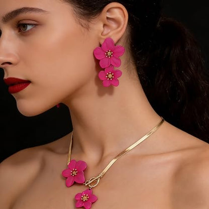 Colorful Flower Necklace Earrings Set for Women Gold Snake Chain Toggle Clasp Pendant Necklaces Dainty Double Flowers Statement Earrings Bridal Wedding Summer Beach Jewelry for Women - color: rose red