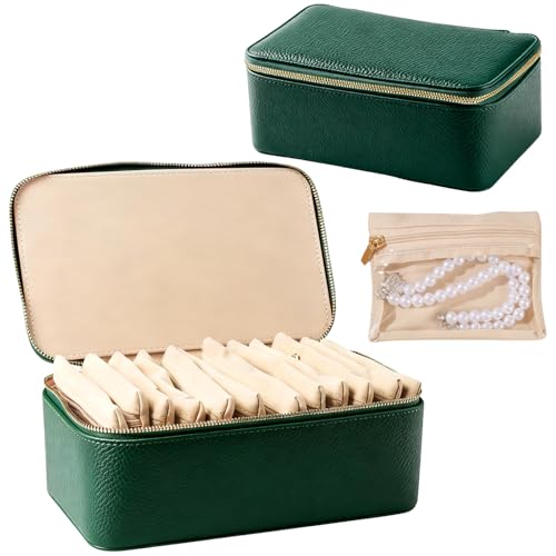 Travel Jewelry Case with 12 Velvet Zipped Pouches Bags, Dark Green | Lychee grain textured, pu leather surface & soft velvet lining, for jewelries necklaces rings earrings sorting storage - color: Dark Green - 12 Pouch