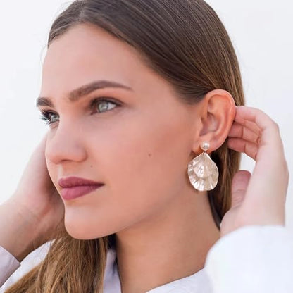 Long Pearl Earrings for Women 925 Sterling Silver Dangle Earrings | Hypoallergenic Dainty Dangle Drop Earrings, Elegant Pearl Jewelry for Bridal, Mother's Day Anniversary Birthday Jewelry Gift - color: Seashell Earrings
