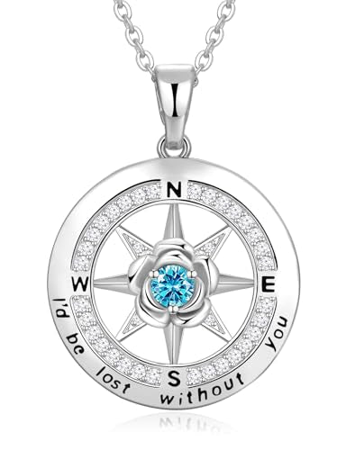 Meeshi Silver Compass Necklace for Women Birthday Gifts for Wife Anniversary Necklace for Women Rose Flower Birthstone Necklaces for Wife Jewelry for Womens Girlfriend Mom Daughter - style: 12-December-Turquoise