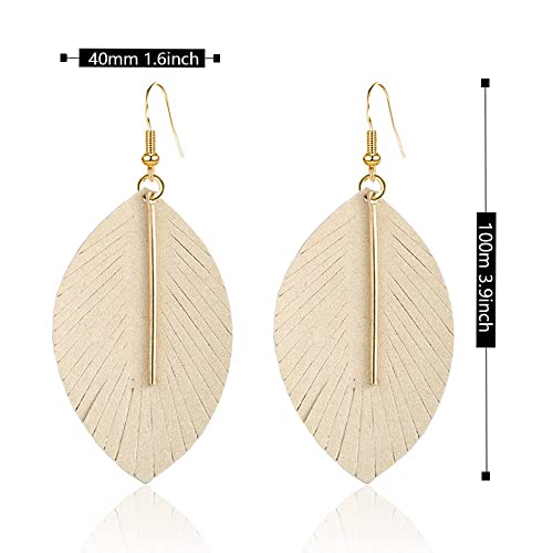 YUNXI Large Genuine Soft Leather Handmade Fringe Feather Lightweight Leaf with Simple Drop Metal Bar Tear Drop Dangle Color Earrings for Women - color: Beighe