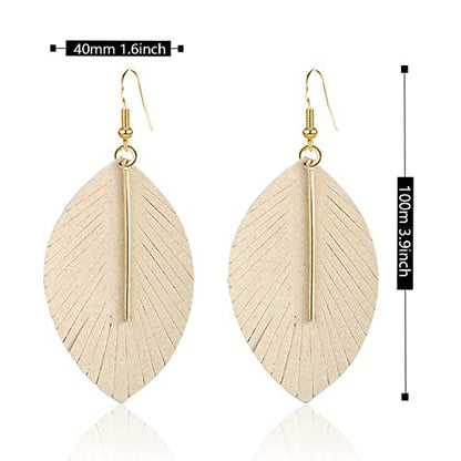YUNXI Large Genuine Soft Leather Handmade Fringe Feather Lightweight Leaf with Simple Drop Metal Bar Tear Drop Dangle Color Earrings for Women - color: Beighe