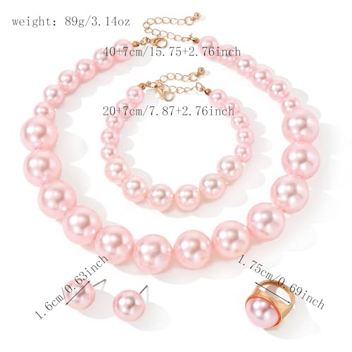 White Faux Pearl Necklace and Earrings Set Big Large Pearl Bead Ball Beaded Choker Necklace Black Pink Pearls Statement Bracelet Ring for Women - color: pink