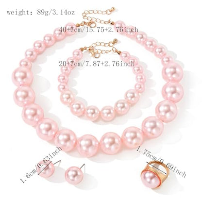 White Faux Pearl Necklace and Earrings Set Big Large Pearl Bead Ball Beaded Choker Necklace Black Pink Pearls Statement Bracelet Ring for Women - color: pink