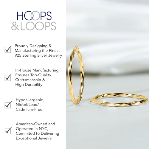 Hoops & Loops 925 Sterling Silver Twisted Hoop Earrings for Women - Hypoallergenic 14K Gold, Rose Gold, Black Flash Plated 2mm Thin Twist Design Round Click-Top Hoops, 15/20/25/30/35/40/50/60mm - color: Gold-25mm (1 inch)