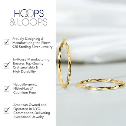 Hoops & Loops 925 Sterling Silver Twisted Hoop Earrings for Women - Hypoallergenic 14K Gold, Rose Gold, Black Flash Plated 2mm Thin Twist Design Round Click-Top Hoops, 15/20/25/30/35/40/50/60mm - color: Gold-25mm (1 inch)