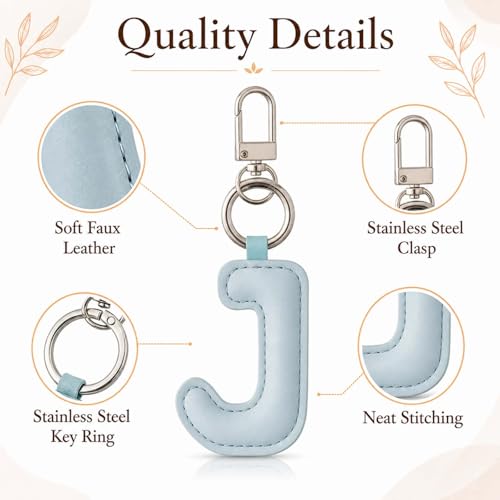 Initial Letter Keychain,Stainless Steel,Colorful Faux Leather Keyring for Backpack,Purse,Car Keys,Gift for Men Women - color: J