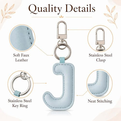 Initial Letter Keychain,Stainless Steel,Colorful Faux Leather Keyring for Backpack,Purse,Car Keys,Gift for Men Women - color: J