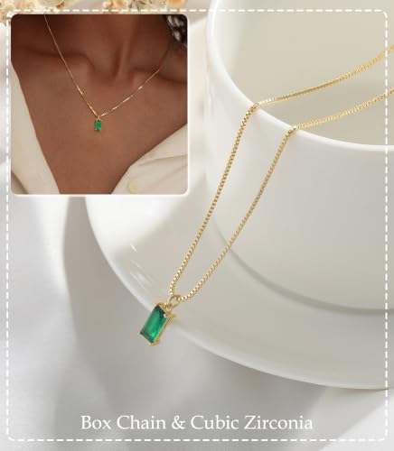FUNEIA Diamond Necklaces for Women 14K Gold Plated Emerald Birthstone Necklace for Women Mothers Dainty Gold Necklace Blue Green Cubic Zirconia Pendant Necklace Birthday Gifts for Women Jewelry - color: 05. May(Emerald)