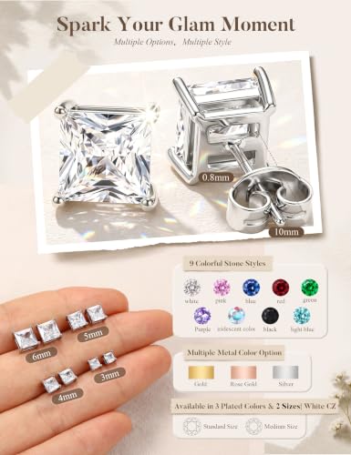 MILACOLATO S925 Sterling Silver Stud Earrings for Women Men Hypoallergenic 18K Gold Plated Cubic Zirconia Earrings Studs Brilliant Simulated Diamond Halo Earring for Sensitive Ears - style: 18K White Gold Plated - Square CZ