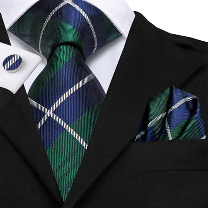 Hi-Tie Men 63inches Tie Set Extra Long Necktie Paisley Tie Pocket Suqare Cufflinks Big and Tall Men Tie - color: Blue Green Plaid