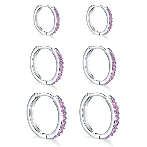 3 Pairs 925 Sterling Silver Small Hoop Earrings for Women Men | Cubic Zirconia, 14K White Gold Plated Huggie Hoop Earrings, Hypoallergenic - style: Q-pink cz 8/10/12mm
