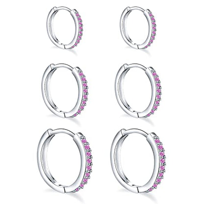 3 Pairs 925 Sterling Silver Small Hoop Earrings for Women Men | Cubic Zirconia, 14K White Gold Plated Huggie Hoop Earrings, Hypoallergenic - style: Q-pink cz 8/10/12mm