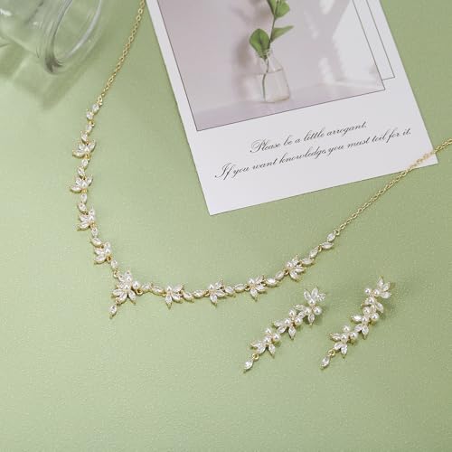 EVER FAITH Cubic Zirconia Pearl Leaf Vine Wedding Jewelry Set for Bride | Crystal Filigree Bridal Necklace Earrings, for Women Bridesmaid - color: 2pcs_White Gold-Tone