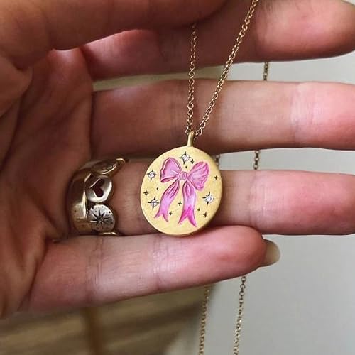 Gold Compass Charm Necklace for Women, Trendy Simple Dainty Inspirational Compass Butterfly Bow Knot Red Christmas Mug Sun Friendship Necklaces Graduation Gifts - style: Oval Pink Bow Knot