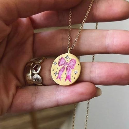 Gold Compass Charm Necklace for Women, Trendy Simple Dainty Inspirational Compass Butterfly Bow Knot Red Christmas Mug Sun Friendship Necklaces Graduation Gifts - style: Oval Pink Bow Knot