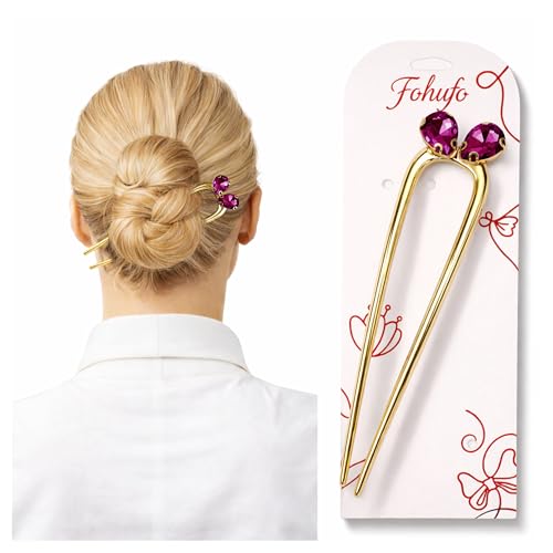 French Hair Pin for Women - Gold U Shaped Hair Accessories for Women, Birthstone Hair Pins with Heart Design, Fashion French Twist Hair Pin for Buns, Updos and Functional, Ruby July Birthstone - color: July-Ruby