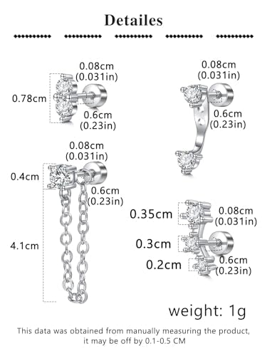 20g 16g Tragus Piercing Jewelry Helix Earrings Threadless Flat Back Earrings for Women Forward Helix Cartilage Earring Tragus Jewelry Medusa Labret Lip Piercing Jewelry Lip Studs 16 Gauge 8mm - color: 31-screw back 4pcs-silver