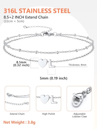 Ankle Bracelets for Women Waterproof 14K Gold/Silver/Black Initial Anklet for Women Dainty Layered Heart Ankle Bracelets Stainless Steel Adjustable Foot Chain Anklet Summer Beach Jewelry - color: L-Silver