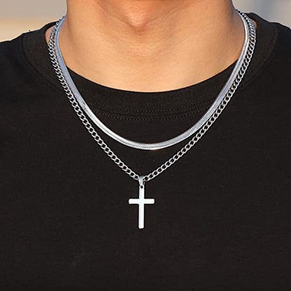 Zocomi Cross Necklace for Men Boys, Stainless Steel Layered Cuban Link Herringbone Chain Cross Pendant Christian Fashion Jewelry Gifts 16-24 Inches - color: Silver, size: 16inch/18inch, style: Herringbone+Cuban