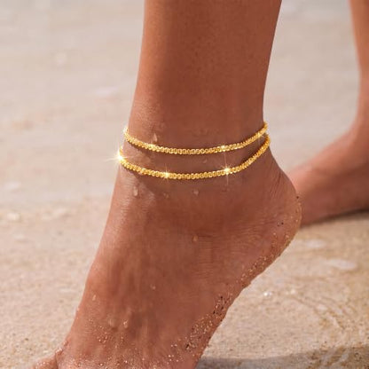 Dainty Layered Ankle Bracelets for Women Waterproof, 14K Gold/Silver Plated Anklets Beaded Satellite Chain Ankle Bracelet Set Trendy Beach Summer Fashion Jewelry Gift - style: Style 2