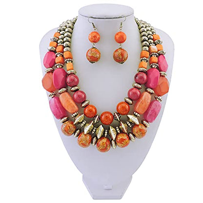 Bocar 3 Layer Chunky Statement Beaded Necklace and Earrings Set, Fashion Multi Layer Women Collar Necklace Jewelry Set - color: Orange