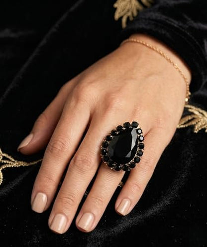 NYFASHION101 Radiant Teardrop Stone Adjustable Cocktail Statement Ring - color: Black/Gold-Tone