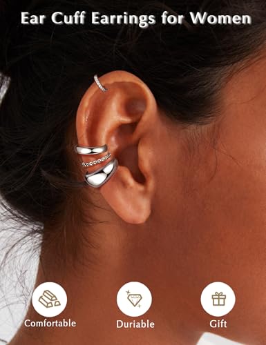 4Pairs 14K Gold Plated Ear Cuff Earrings for Women Non Piercing Jewelry | Hypoallergenic Earring Cuff for Sensitive Ears 14K Gold Silver Plated Non Tarnish Clip On Cartilage Fake Earring Set Trendy - color: White Gold plated Tone-Chic
