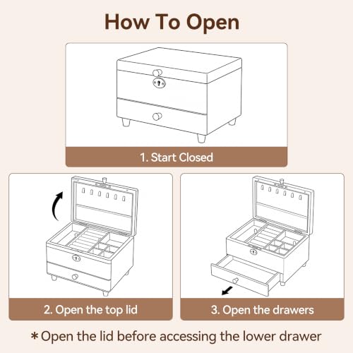 Black Walnut Lockable Jewelry Box with Feet, Wooden Organizer for Women | 3 Layer, Solid Wood, Handcrafted, Drawer, Lock Key, Removable Tray, Necklace Ring Earring Watch Case, Gift for Mom Girls - color: 3 Layer Full Lock with Feet