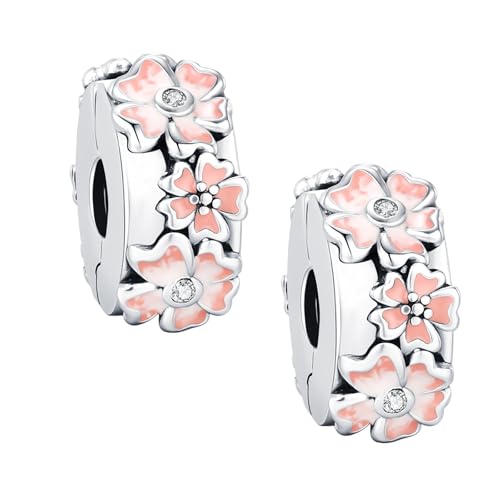 KEQ Clip Spacer Charm for Bracelet 925 Silver Pave Cubic Zirconia Clip Lock Stopper Bead Spacer For Women Bracelets Stopper Birthday Gifts European Openable Beads 2pcs - color: Cherry