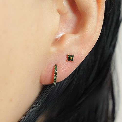 QueenBee 14K Gold Plated Ivy Flower Birthstone Stud Earrings for Women Dainty Floral Gemstone Studs Unique Jewelry Gift for Her - color: May-Emerald