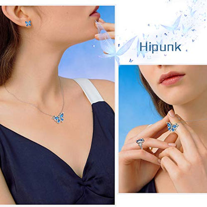 925 Sterling Silver Birthstone Butterfly Jewelry Women Crystal Animal Cute Butterflies Birthday Necklace/Earring/Ring/Bracelet Sets Birth Stone Statement Anniversary Jewellery - color: 2-I.September-Sapphire