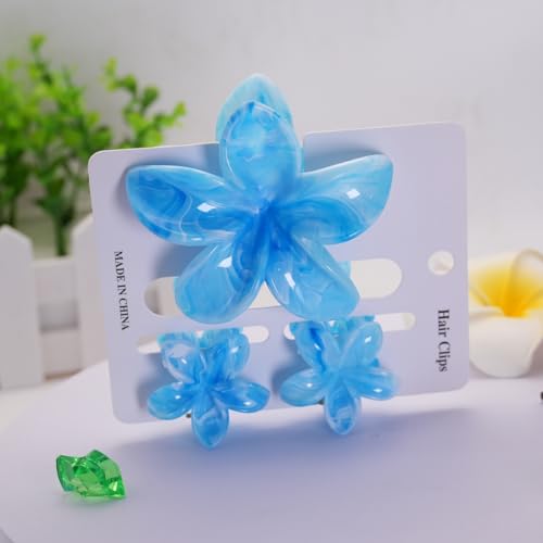 Flower Hair Clips for Women Girls Claw Clips Set Sky Blue Plumeria with Marble Design Barrettes Summer Hair Clip Fashion Hair Styling Accessories for Thick Thin Hair(3Pcs: 1 Large 2 Small) - color: Sky Blue