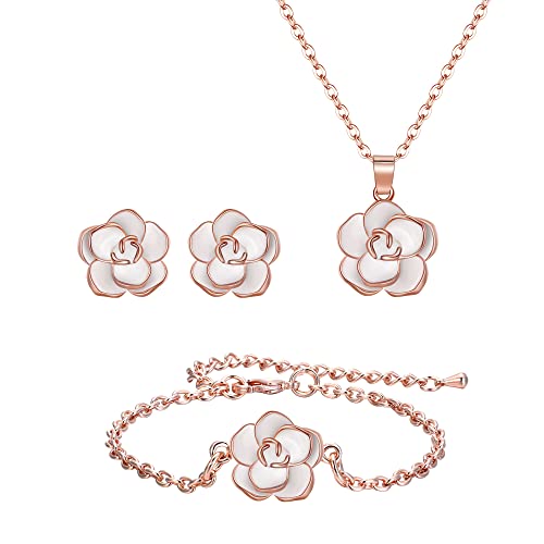 EleQueen Rose Flower Necklace Earrings Bracelet Set for Women - color: White-Rose Gold